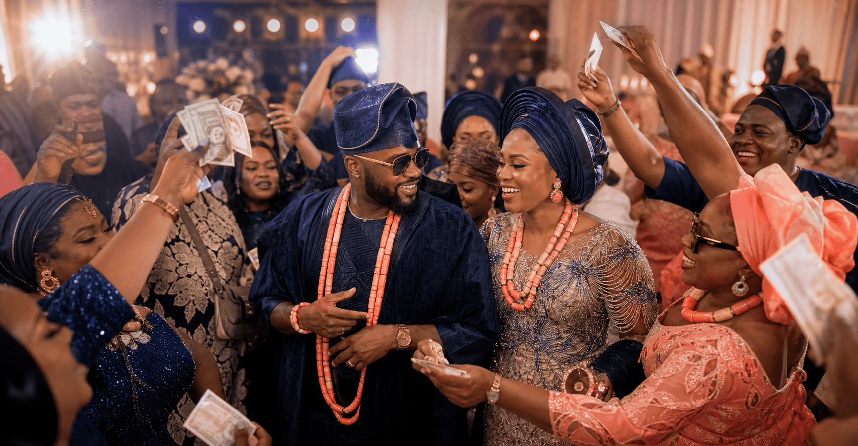 Joyful Nigerian wedding guests celebrating at an Owambe event