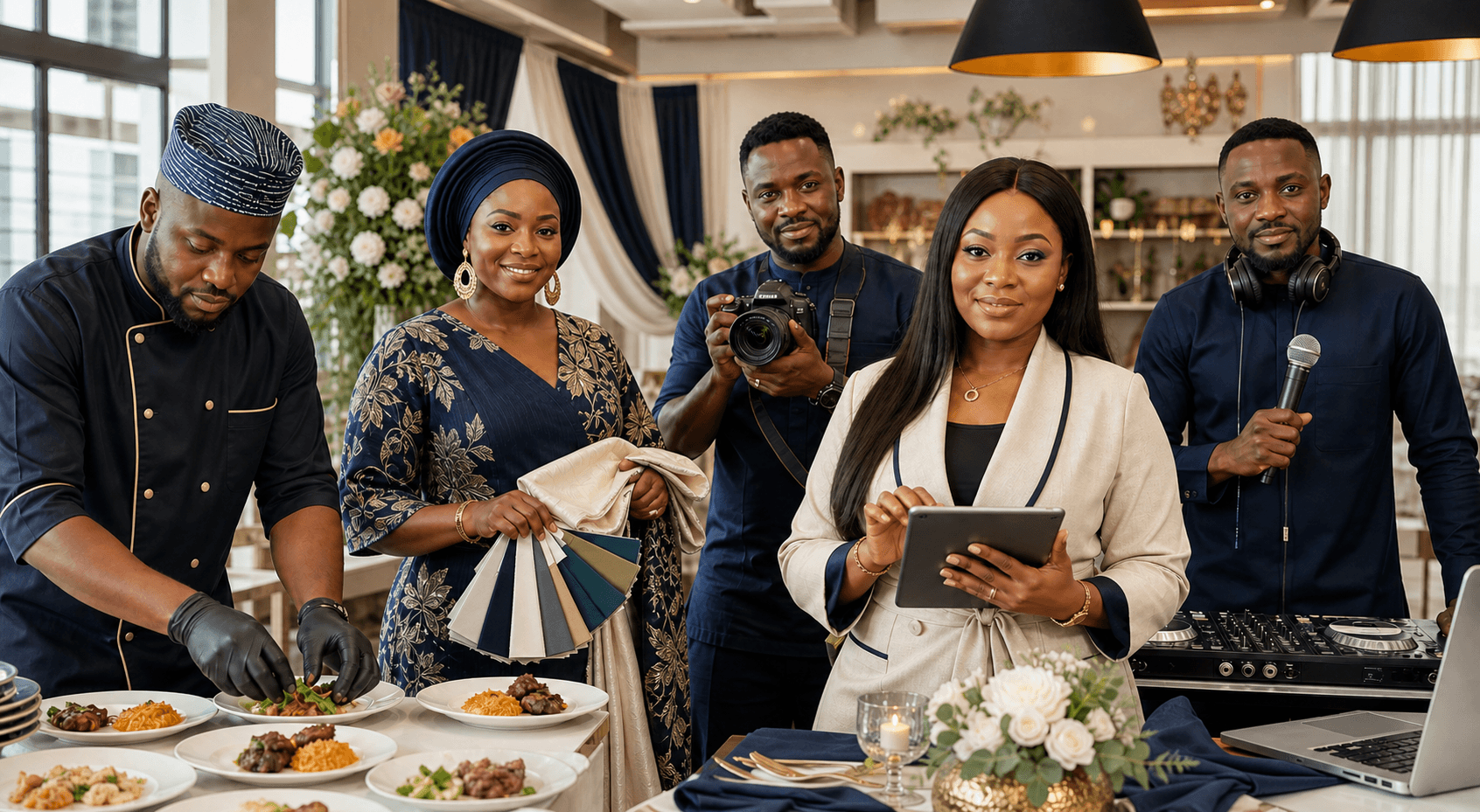 Nigerian event vendors including a caterer, decorator, photographer, planner and MC