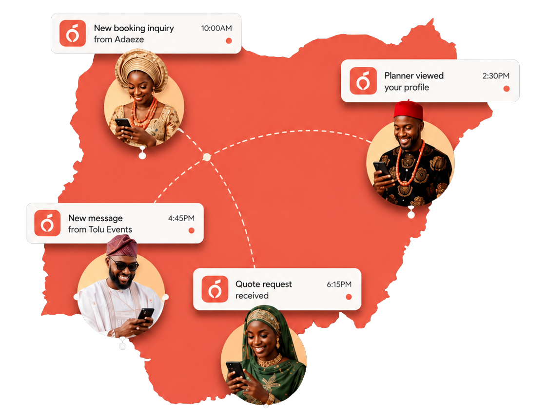 Owambe Planner connects vendors and planners across Nigeria with booking inquiries, quotes and messages nationwide
