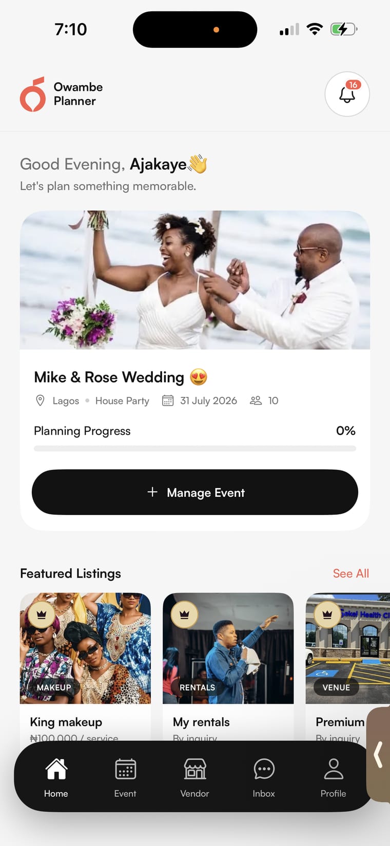 Owambe Planner home screen