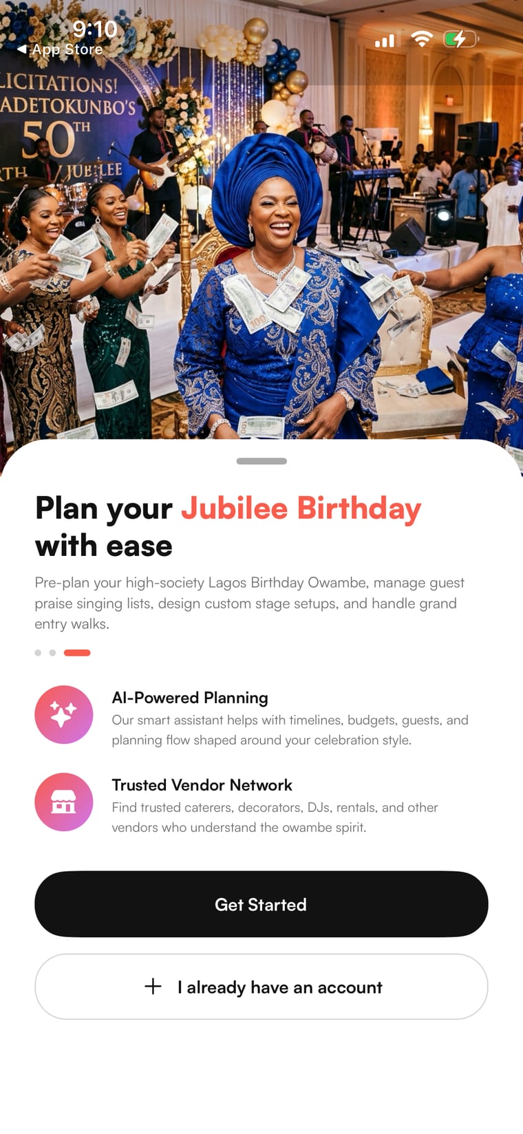 Owambe Planner onboarding
